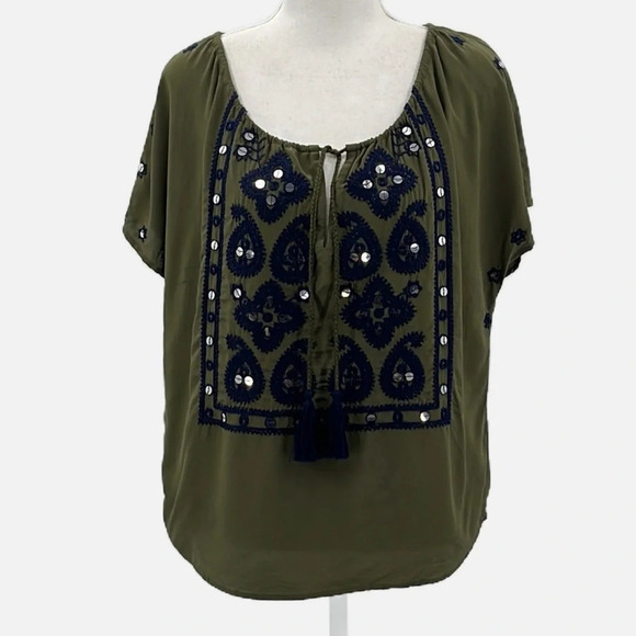 Tory Burch Camille Silk Embroidered Peasant Blouse in Green & Navy - Size 6 - Picture 3 of 8